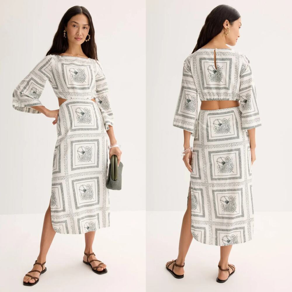 Omika Peyton Dress Linen Blend Printed Bell Sleeve Open Back Midi Black White XS